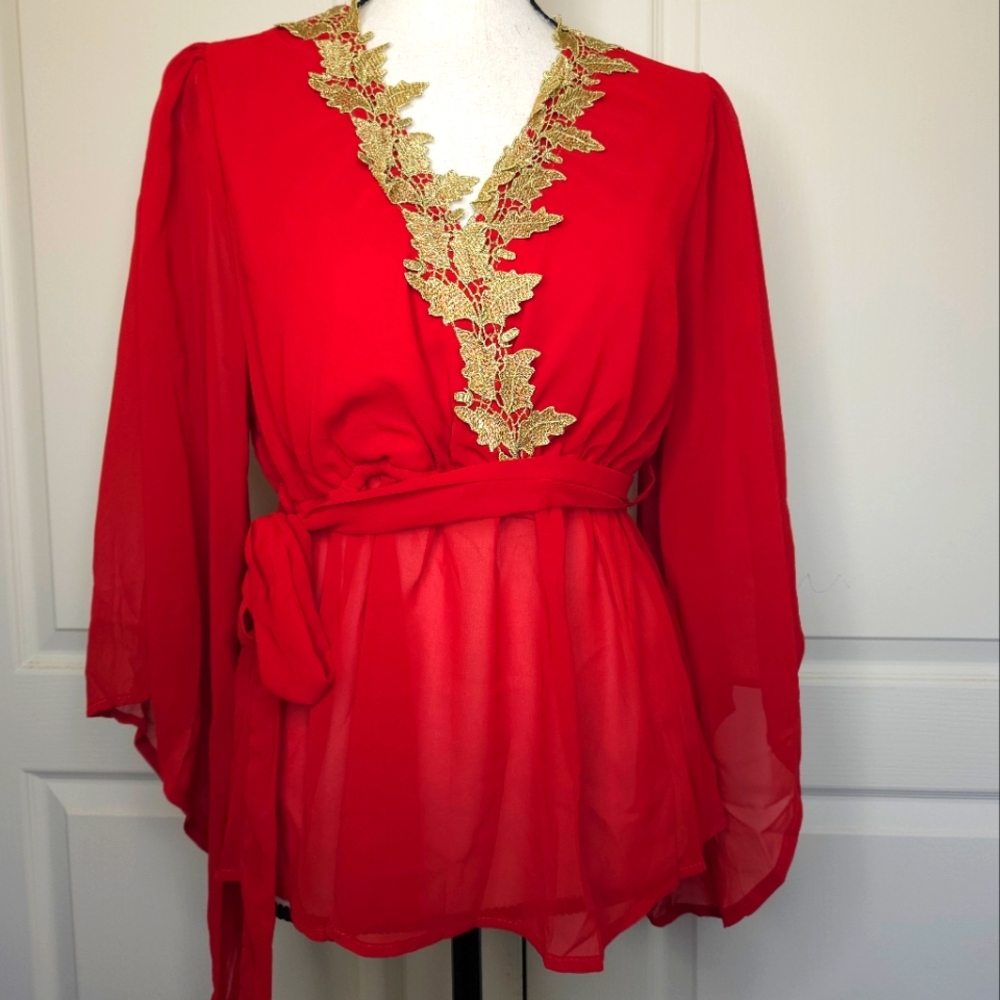 Chiffon-Like Red Top with Bell Sleeves and Gold Details around Neckline - Picture 2 of 11